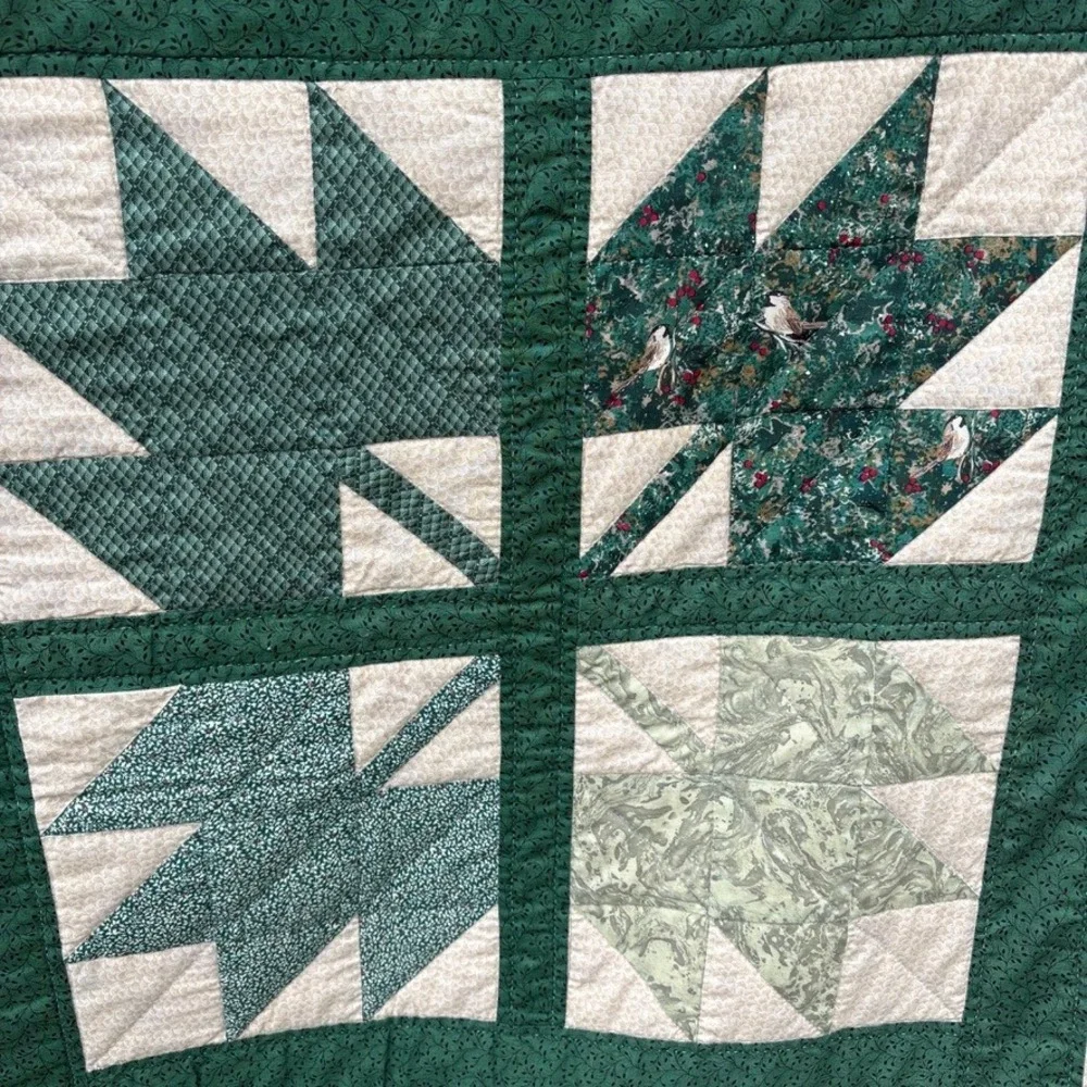 Vtg Hand Stitched Maple Leaf Patchwork Quilt Green Cream 75x75 Farmhouse Country